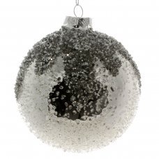 Χριστουγεννιάτικη Γυάλινη Ασημί Μπάλα, με Ανάγλυφες Μπίλιες (10cm)